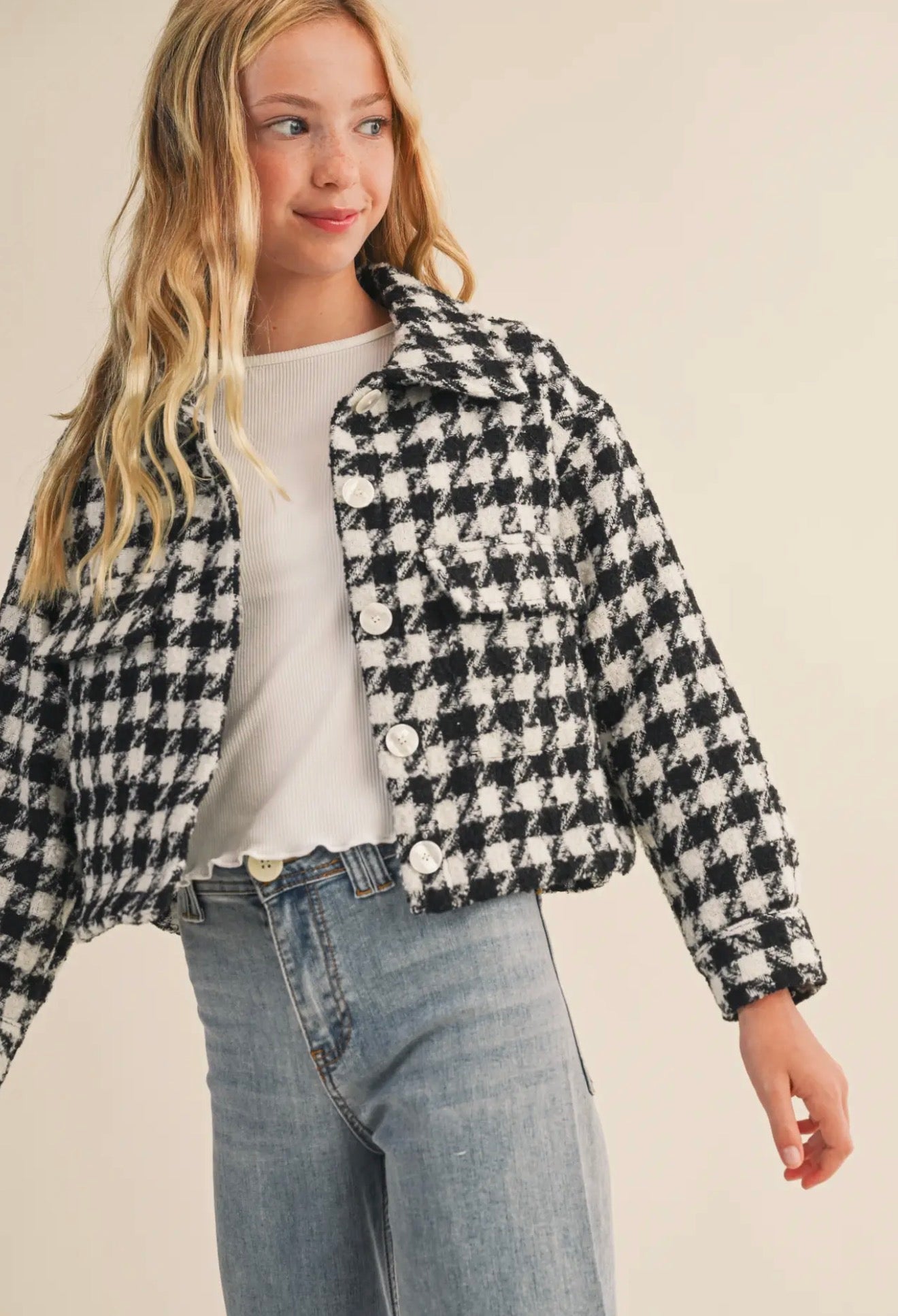PRE ORDER Tween Kids Girls Tweed Houndstooth
Pattern Jacket
