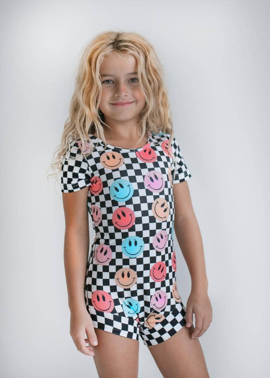 Kids Retro Smiley Face Checkered Dance Gymnastics Leotard