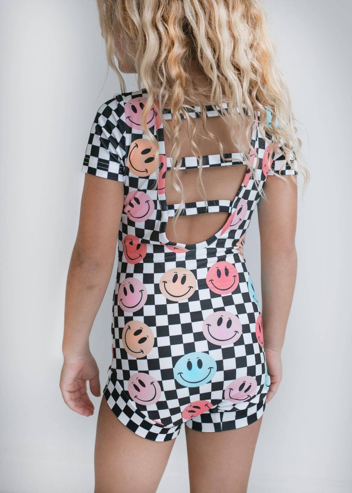 Kids Retro Smiley Face Checkered Dance Gymnastics Leotard