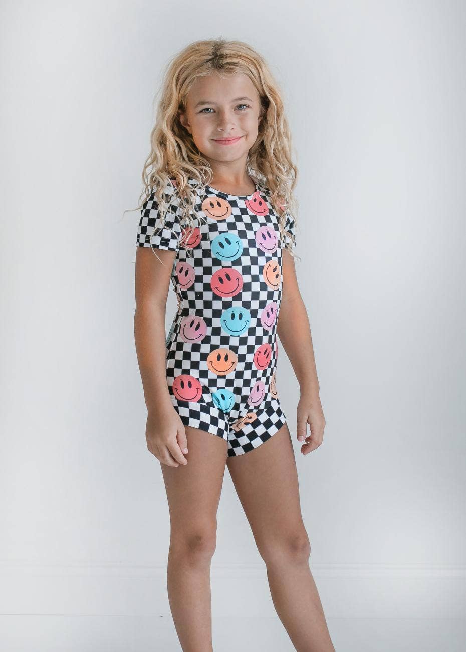 Kids Retro Smiley Face Checkered Dance Gymnastics Leotard