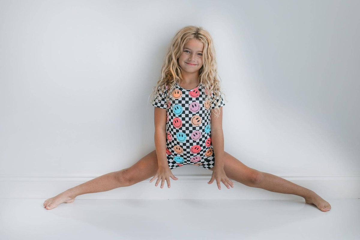Kids Retro Smiley Face Checkered Dance Gymnastics Leotard