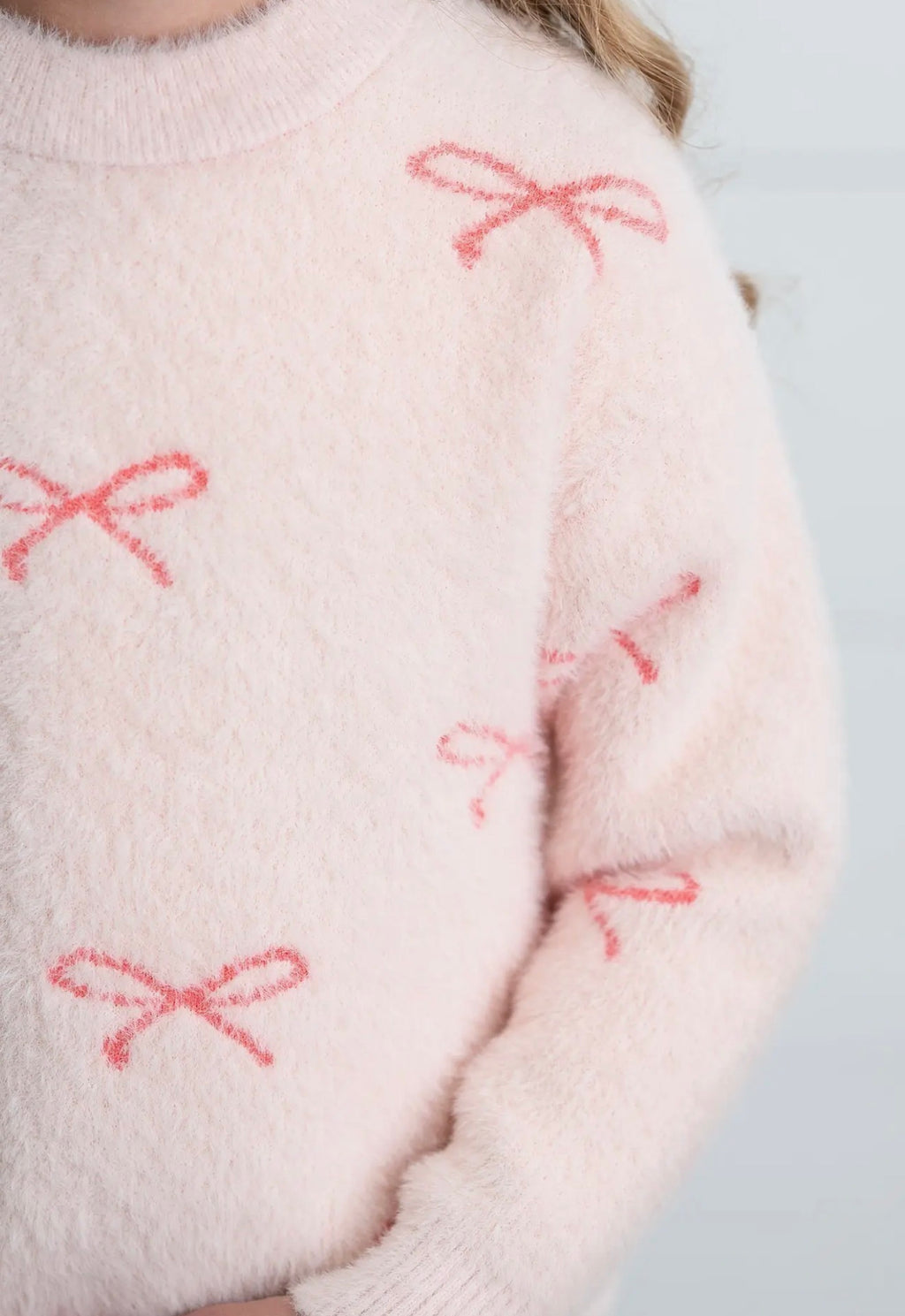 Girls Pink Bow Fuzzy Crew Neck
Coquette Fall Winter Sweater