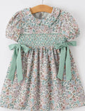 PRE ORDER Sage Green Bow Floral Smocked Girl Dress