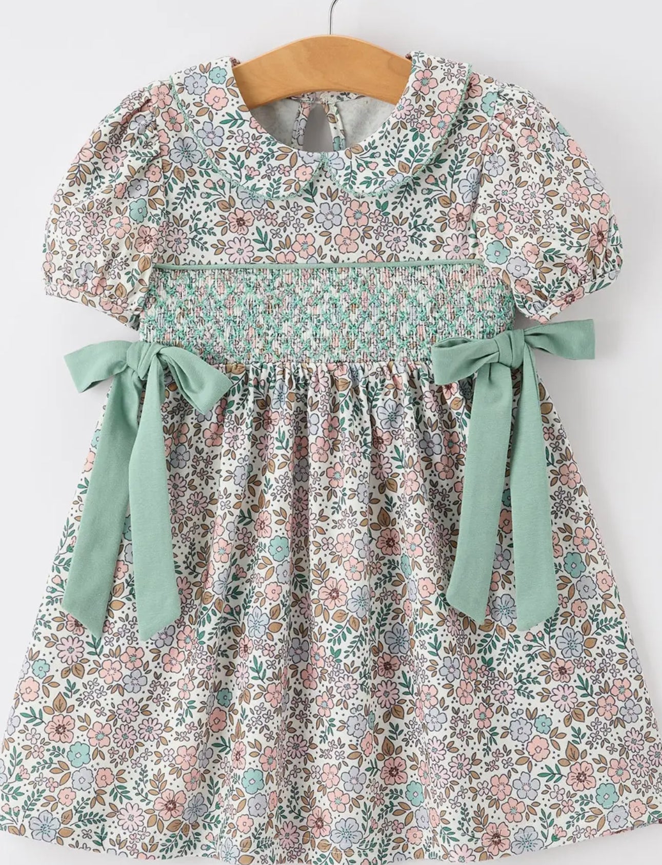 PRE ORDER Sage Green Bow Floral Smocked Girl Dress