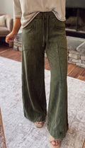 Green Mineral Wash Seam Flare Leg Drawstring Pants