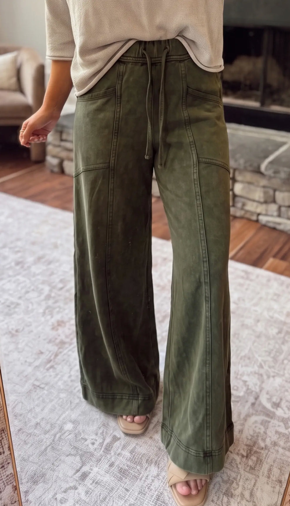Green Mineral Wash Seam Flare Leg Drawstring Pants