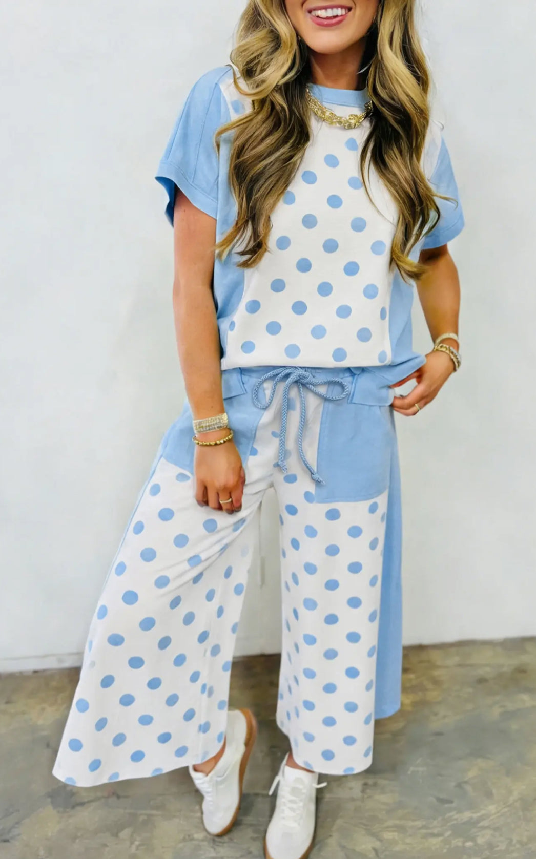 PREORDER Block Patchwork Polka Dot Wide Leg Pant Set