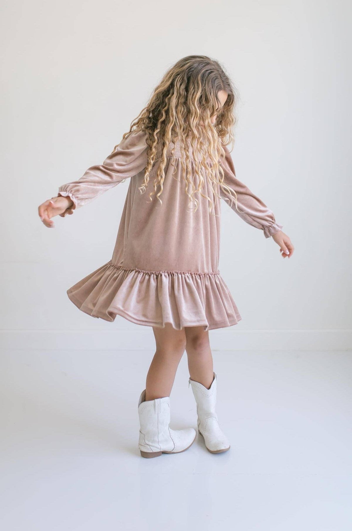 Girls Alexa Champagne Smocked Velvet Fancy Holiday Dress